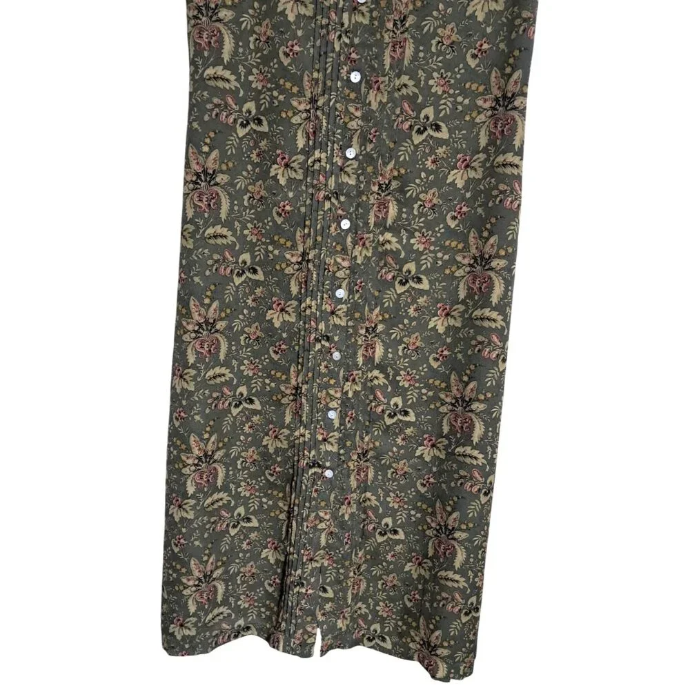 Charter Club Floral Button Front Dress Women Size 12 Olive Green Pleated Midi‎